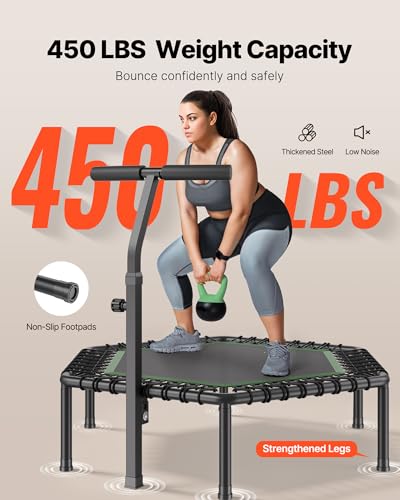 VEVOR 54.5 Inch Mini Trampoline, 450 lbs Max Load Fitness Rebounder, Stable & Quiet Small Trampoline with 3 Levels Height Adjustable & Foam Handle, Exercise Rebounder for Adults Indoor/Garden Workout