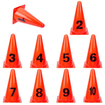 BENECREAT 10PCS Set Numbered Traffic Cones, 5.12x5.12x9.06 inch Length Orange Practice Markers, Durable PVC Sport Training Cones with Numbers for Soccer Football Agility Drills
