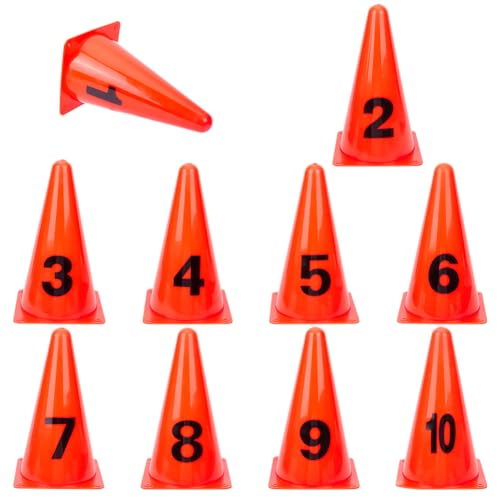 BENECREAT 10PCS Set Numbered Traffic Cones, 5.12x5.12x9.06 inch Length Orange Practice Markers, Durable PVC Sport Training Cones with Numbers for Soccer Football Agility Drills