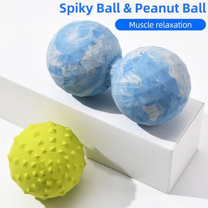 Peanut & Spiky Massage Ball Set, Double Lacrosse Peanut Roller + Firm Spiky Ball for Deep Tissue Myofascial Release, Trigger Point Therapy, Plantar Fasciitis & Muscle Recovery (Blue Mix White+Yellow)