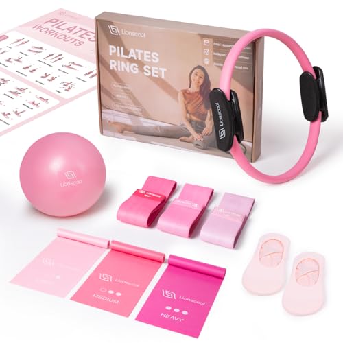 Pilates Ring Set – 14" Anti-Deformation Magic Circle with Padded Handles, Mini Ball, Resistance Bands, Guide & Bag - color: Pink Pro