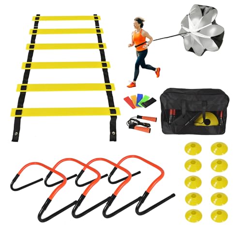 Soccer Training Equipment Set, Multifunctional Football Gear with 4 Adjustable Hurdles 9.8 feet 6 Rungs Agility Speed Ladder