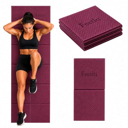 Foldable Yoga Mat, 72" x 24", 6mm Thick, Lightweight & Non-Slip - color: Maroon