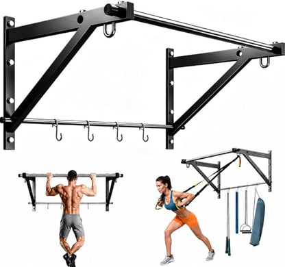Wall Mounted Pull Up Bar, Strength Training Chin Up Bar for Doorway and Wall Mount with Hooks, Adjustable Depth Pull-up Bar with 500LBS Weight Capacity, Heavy Duty Gym Home Training