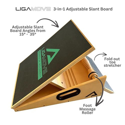 Adjustable Wooden Slant Board for Calf Ankle Achilles Stretching - Incline Board with Toe Stretch Pad and Foot Massager Roller