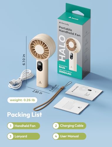Aecooly Mighty Portable Fan, Powerful Handheld Fan, USB Rechargeable [10H Max Cooling Time], Mini Personal Battery Powered, Pocket for Travel, Summer, Gifts for Women, Girls -Beige