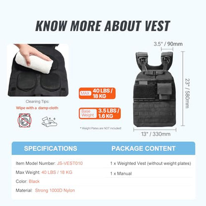 Happybuy Weighted Vest, 40lb Weight Vest, Adjustable Body Weight Jacket, Workout Equipment, for Strength and Endurance Training, Running, Jogging, Walking, Fitness, Weight Loss
