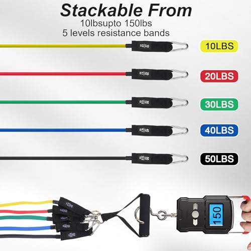 11PCS Resistance Bands, 150 LBS Exercise Bands Set with Handles, Work Out Band with Door Anchor, Ankle Straps for Strength Training, Yoga, Pilates, Physical Therapy, Home Gym