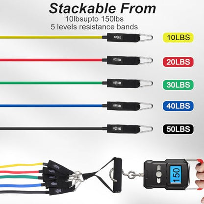 11PCS Resistance Bands, 150 LBS Exercise Bands Set with Handles, Work Out Band with Door Anchor, Ankle Straps for Strength Training, Yoga, Pilates, Physical Therapy, Home Gym