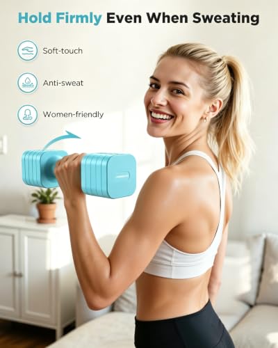 FEIERDUN DB3 5-in-1 Adjustable Dumbbell Set, 6LB/10LB Pair Adjustable Weights for Women at Home, Dual Locking Stable Hand Weights with TPU Soft Handle, Home Gym, Rehab, Pilates, Yoga, Strength Training - color: C-Mint Blue, style: 6LBS Pair (12LBS Total)