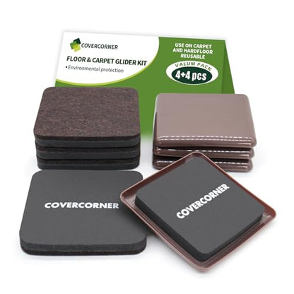 Furniture Sliders for Hardwood Floors, Square Furniture Sliders for Carpet, 8 PCS 3 1/2 inch Combo Pack, Sliders for Moving Furniture-Brown