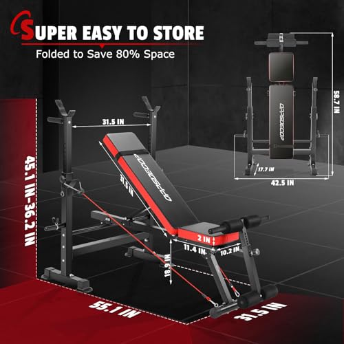 OPPSDECOR 600lbs 6 in 1 Weight Bench Set with Squat Rack Foldable Bench Press with Removable Foot Catch Adjustable Workout Bench for Home Gym