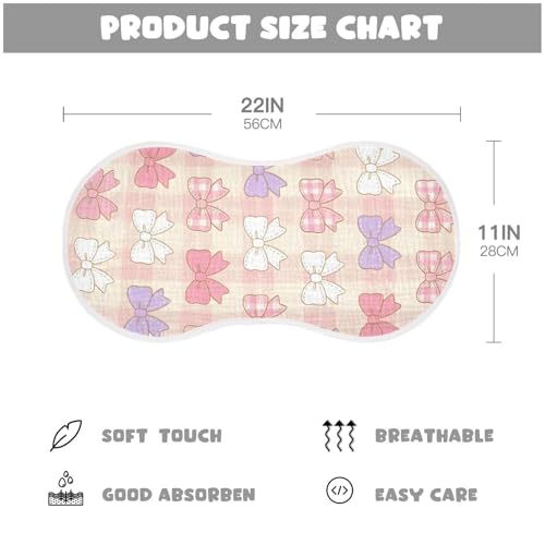 Pastel Bows Pattern Muslin Burp Cloths 4 Pack - Extra Large 22"x11", 4-Layer Soft Absorbent Cotton, Waterproof Backing, Baby Drool Rags for Newborn
