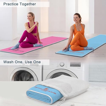 2 Pack Yoga Mat Towels with Bonus Grip Socks, Sky Blue + Rose Pink | Elegant Embroidered, 1-Second Sweat Absorption & Non-Slip | Machine Washable Microfiber | Hot Yoga, Pilates | 73''*27.6''