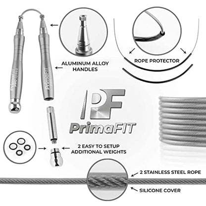 Jump Rope Pro Speed Skipping Rope Adjustable Adult Jumping Rope Weighted Aluminium Handles for Double Dutch Boxing Workout Crossfit Exercise Fitness Spare Cable Weights Protectors Carry Bag - color: Silver
