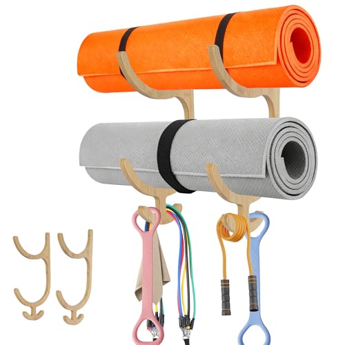 Wooden Yoga Mat Holder Wall Mount, Wooden Yoga Mat Storage Rack Solid Wooden Yoga Mat Holder Home Gym Equipment Storage & Organizer Wall Mount Workout Storage Holder for Mats,Resistance Bands