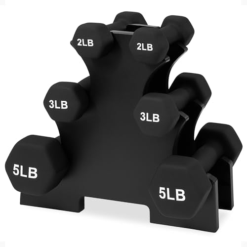 BalanceFrom Neoprene Coated Iron Dumbbell Hex Weights Set with Stand – Color-Coded or Black Options with Non-Slip Grip for Strength Training, Resistance Workouts, and Home Gym Fitness - style: 20lb Set