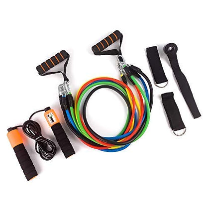 11 Pack Exercise Resistance Bands with Handles Exercise Stretch Fitness Home Set, With 5 Stackable Exercise Bands with Carry Bag, Handles, Legs Ankle Straps & Door Anchor, Automatic Counting Jump Rope