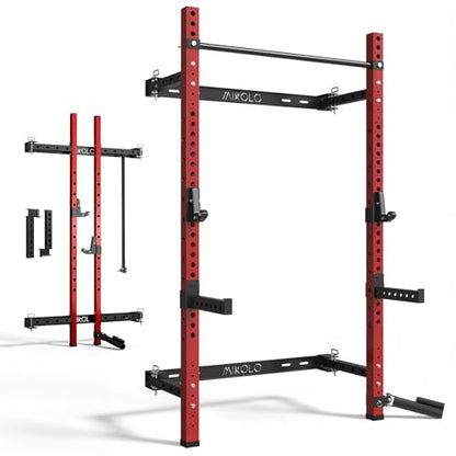 Mikolo 2" x 2" Folding Wall Mounted Squat Rack, 1000 Pounds Capacity Power Rack with Pull Up Bar, J Hooks and Other Attachments, Space-Saving Home Gym - color: Red, style: Squat Rack with Safety Catches