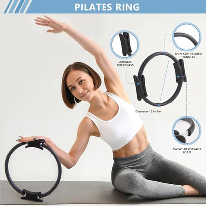 10 Pcs Pilates Equipment Present Pilates Ring Set with Yoga Ring Ball Stretching Strap Risistance Bands Block Gym Bag - color: Black