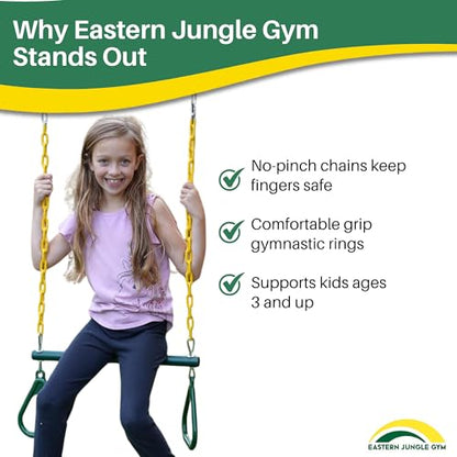 Heavy-Duty Ring Trapeze Bar Combo, Large 20" Trapeze Swing Bar with Triangular Gymnastic Rings and Pinch-Free Coated Swing Chains 43" Long
