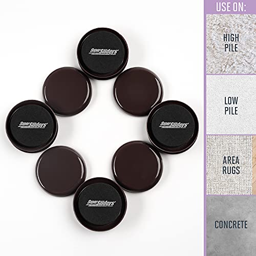 Super Sliders 2-1/2" Round Reusable Furniture Sliders for Carpet, Anti-Slip Protective Furniture Moving Pads for Beds, Sofas, Dressers, Set of 8, Brown