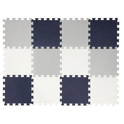 Easy Playhouse: 12 Soft Foam Floor Puzzle Tiles - Black-Grey-White - 12" Interlocking Mat Pieces (4'x3'), Nursery, Playroom, Gym, Children & Adults