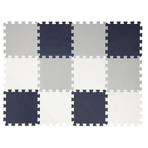 Easy Playhouse: 12 Soft Foam Floor Puzzle Tiles - Black-Grey-White - 12" Interlocking Mat Pieces (4'x3'), Nursery, Playroom, Gym, Children & Adults