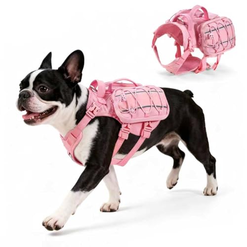 Medium Dog Harness Backpack, No Pull Adjustable Dog Vest with Handle & Leash Ring, Lightweight Dog Backpack with Side Pockets for Walking, Training & Day Hikes, Pink, M