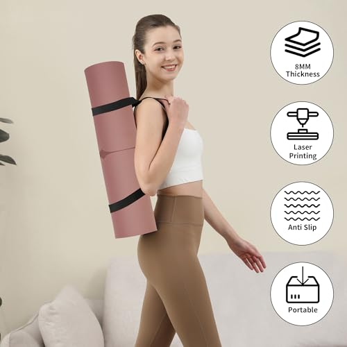 HAHE Yoga Mat Thick (8MM,1/3"), Eco-Friendly POE Non Slip Yoga Mat, High Rebound & Shock Absorption, Anti-Tear & Sweat-Resistant for Yoga, Fitness, Home, Workouts, Large Pilates Mats 72"x24" with Carrying Strap (Dark Pink)