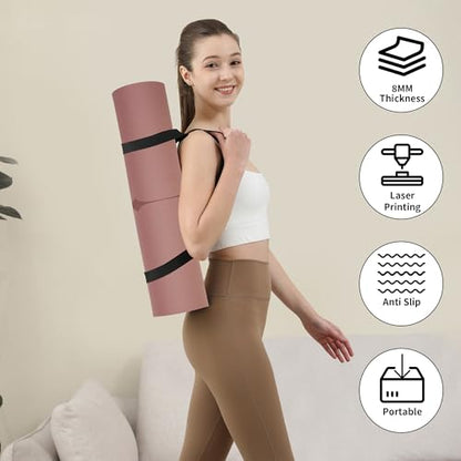 HAHE Yoga Mat Thick (8MM,1/3"), Eco-Friendly POE Non Slip Yoga Mat, High Rebound & Shock Absorption, Anti-Tear & Sweat-Resistant for Yoga, Fitness, Home, Workouts, Large Pilates Mats 72"x24" with Carrying Strap (Dark Pink)