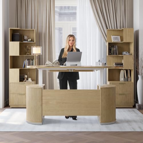 Electric Standing Desk with Storage Drawers, 63'' Executive Height Adjustable Desk with Privacy Panel and Shelves, Wood Fluted Computer Desk for Home Office, Light Walnut