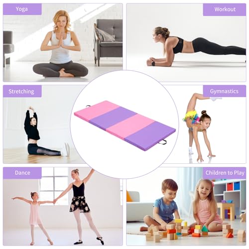 ZENOVA Gymnastics Mat 6'x3'x2''/4'x8'x2'' Exercise Mat Gym Mat for Home Aerobics Workout Foldable Tumbling Mat Children Gifts - color: 3FT x 6FT --Pink&Purple