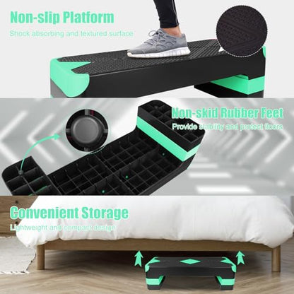 27" Exercise Workout Aerobic Step Platform with Adjustable 4"-6"-8" Risers - color: Green