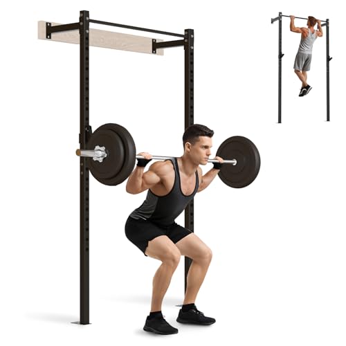 Wall Mounted Power Cage, 900lbs Squat Rack with Pull Up Bar for Home Gym, Space-Saving 2"x2" Pull-Up Station with Adjustable J-Hooks for Garage & Apartment