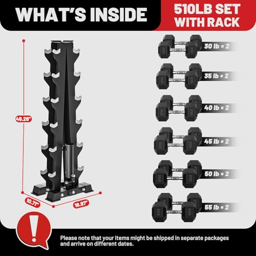 PAPABABE Hex Dumbbell Sets with Rack, 100-600lb Rubber Coated Dumbbell Weight Set and Storage Rack, Multiple Options Hand Weights for Strength Training - style: 510lb Set (Pair of 30, 35, 40, 45, 50, 55lb)