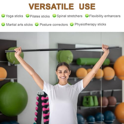 6 Set 5ft Yoga Stick Adjustable Stretching Sticks, Black Exercise Stick with Non-slip Rubber Ends, Posture Corrector Stretch Tool for Mobility Training, Workout, Balance Fitness (Per Set 5ft, Black)