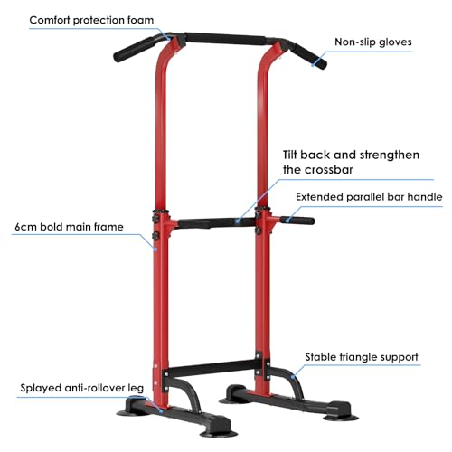 Adjustable Pull-Up Bar and Dip Station 10 Height Settings 400 lb Capacity Multifunctional Home Gym Heavy Duty Steel Widened Base for Calisthenics Red and Black