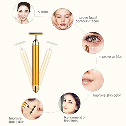 Beauty Bar 24k Gold Skin Care Face Massager Roller, 2 in 1 Electric 3D Roller and T Shape Energy Beauty Bar for Face Lift and Skin Tightening, Handheld Massagers