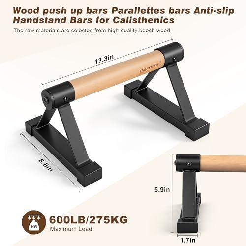 Wood Push Up Bars Parallettes Bars with Rubber Feet, Anti-slip Handstand Bars for Calisthenics, Equipment for Home, Push Up Handles for Floor, Handstand Push Up Handles, Support 600 LB
