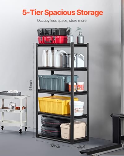 VEVOR Storage Shelves, 2000 lbs, 5 Tier Garage Storage Shelving, 16" D x 32" W x 63" H Adjustable Metal Shelves for Garage Shelves Utility Rack Shelf, Ideal for Kitchen, Warehouse, Basement, Black - size: 16" D x 32" W x 63" H
