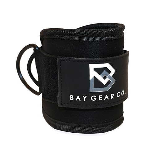 Bay Gear Co. Ankle Straps – Strong Hook and Loop System & Neoprene Padded for Cable Machine Glute Workouts, Slick Black Stainless Steel D Ring, Adjustable Fit, Different Design, Single/Pair.