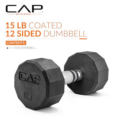 CAP Rubber Coated Dumbbell Weights, Free Weights for Home Gym Strength Training, Anti-Roll Hex Dumbbells with Black, Chrome & Comfort Grip Handles, Singles - size: 15 lb, style: 12-Sided - Chrome Handle