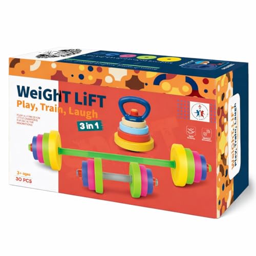 Kids Exercise Weight Set - 3-in-1 Adjustable Workout Toy Equipment for Children Pretend Play Exercise - Toddler Beginner Gym, Fitness, Weightlifting and Powerlifting (Dumbbell, Barbell, Kettlebell)
