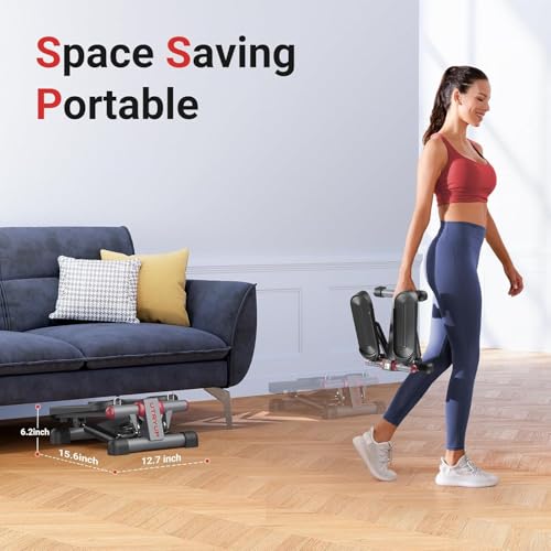 Mini Stepper for Home Exercise, Compact Hydraulic Stair Stepper with Resistance Bands, Quiet Fitness Machine with LCD Monitor, 300 lbs Weight Capacity (MR-2433)