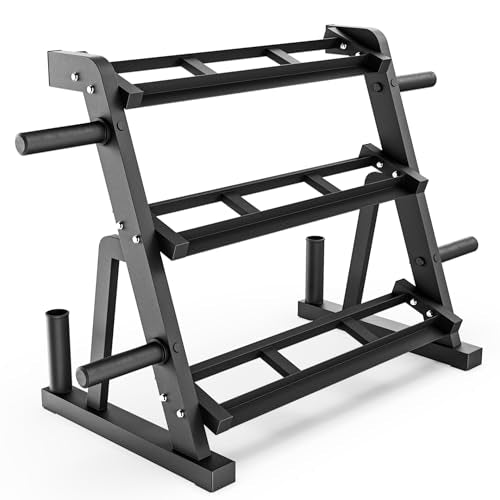 Synergee 3-Tier Dumbbell Storage Rack with 2 Barbell Holders and 4 Weight Plate Pegs, Featuring 2-Tier Dumbbell Storage and 3rd Tier for Kettlebell Storage – Accommodates 1" and 2" Plates – All-in-One - color: Dumbbell Rack
