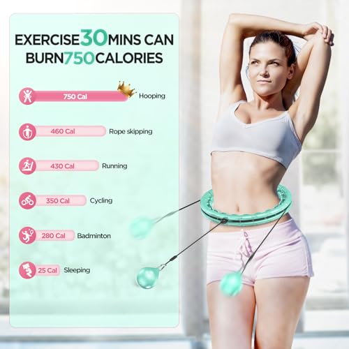 Weighted Exercise Hoop Plus Size, 32 Detachable Knots for Adults & Beginners, 2 in 1 Abdomen Fitness Massage Non Fall Smart Hooola Hoop with Auto Spinning Ball