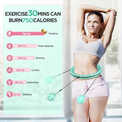 Weighted Exercise Hoop Plus Size, 32 Detachable Knots for Adults & Beginners, 2 in 1 Abdomen Fitness Massage Non Fall Smart Hooola Hoop with Auto Spinning Ball