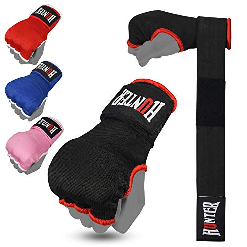 HUNTER Gel Boxing Hand Wraps for Men & Women, Quick Inner Gloves with Wrist Support for MMA, Muay Thai, Kickboxing & Martial Arts Training, Knuckle Protection (Pair) - color: Black, size: Large-X-Large