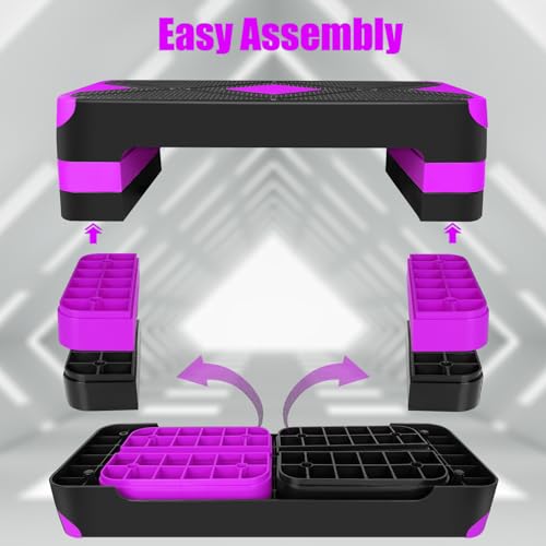 Exercise Workout Aerobic Step Platform Trainer, 27" Aerobic Stepper with 4"-6"-8" Adjustable Height Risers (Purple)